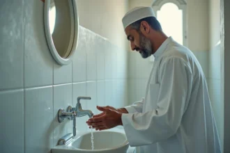 Homme effectuant les ablutions rituelles avant la prière dans une mosquée d'Argenteuil
