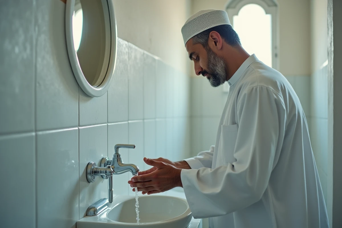 Homme effectuant les ablutions rituelles avant la prière dans une mosquée d'Argenteuil