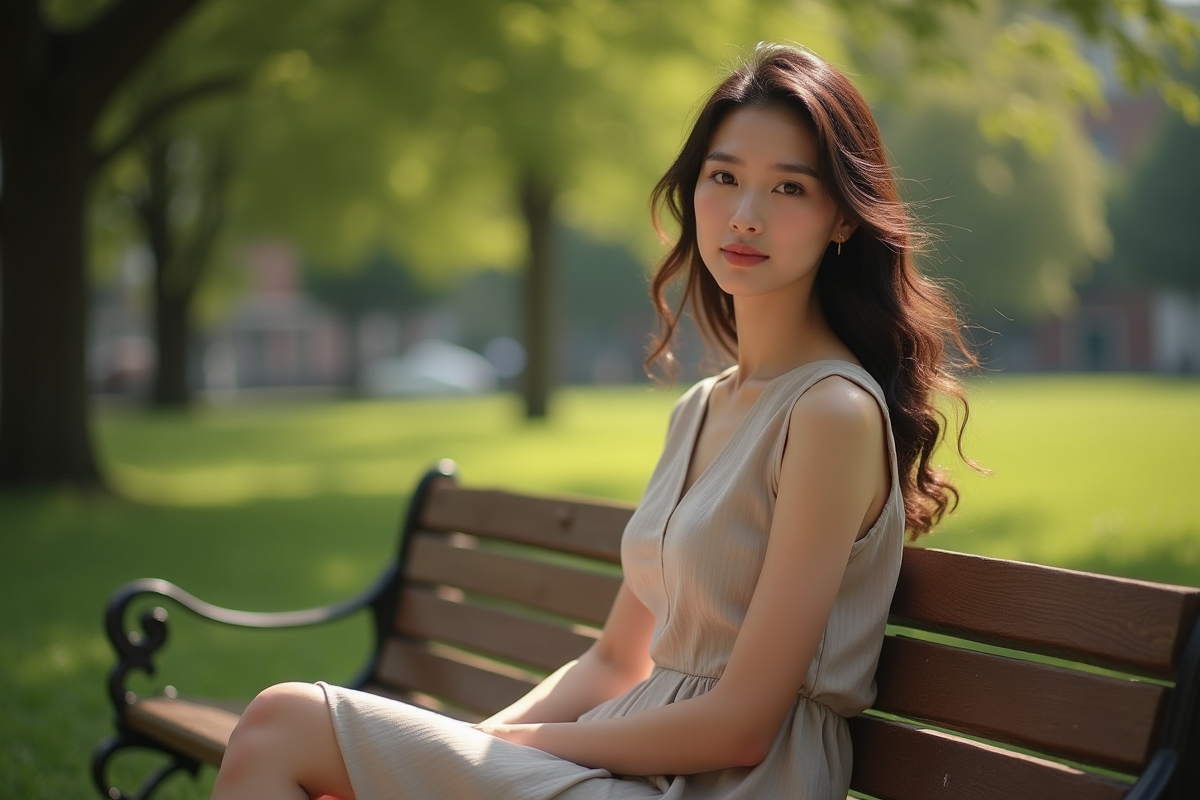 Actrice assise sur un banc dans un parc urbain ensoleillé
