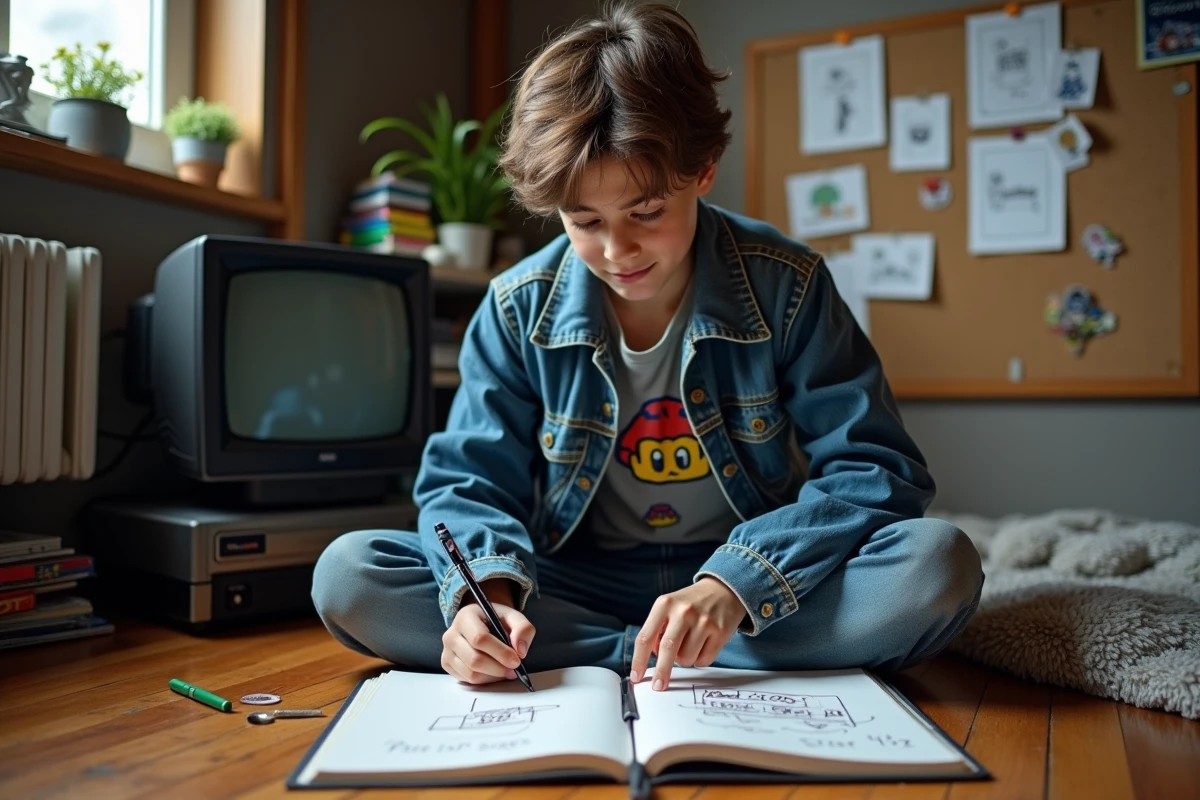 Adolescent dessinant des sprites pixel art dans sa chambre décorée de jeux vidéo rétro et de consoles vintage