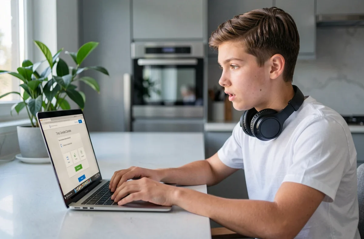 Adolescent utilisant un calculateur en ligne pour convertir des secondes en heures et minutes sur un ordinateur portable