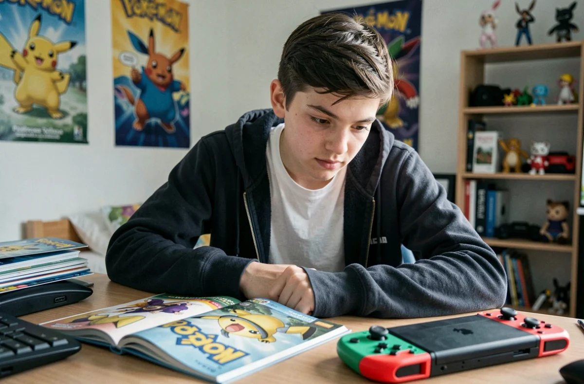 Adolescent consultant un guide stratégique Pokémon à son bureau pour choisir les évolutions d'Évoli dont Noctali