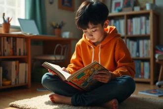Adolescent lisant un manga Naruto en couleurs assis sur le sol de sa chambre