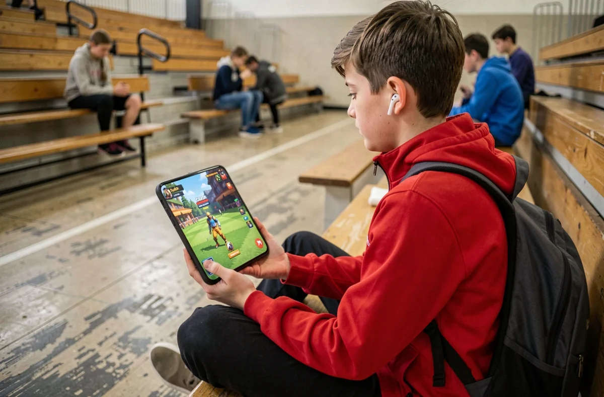 Adolescent regardant un replay de tournoi Clash Royale sur smartphone dans des gradins de gymnase
