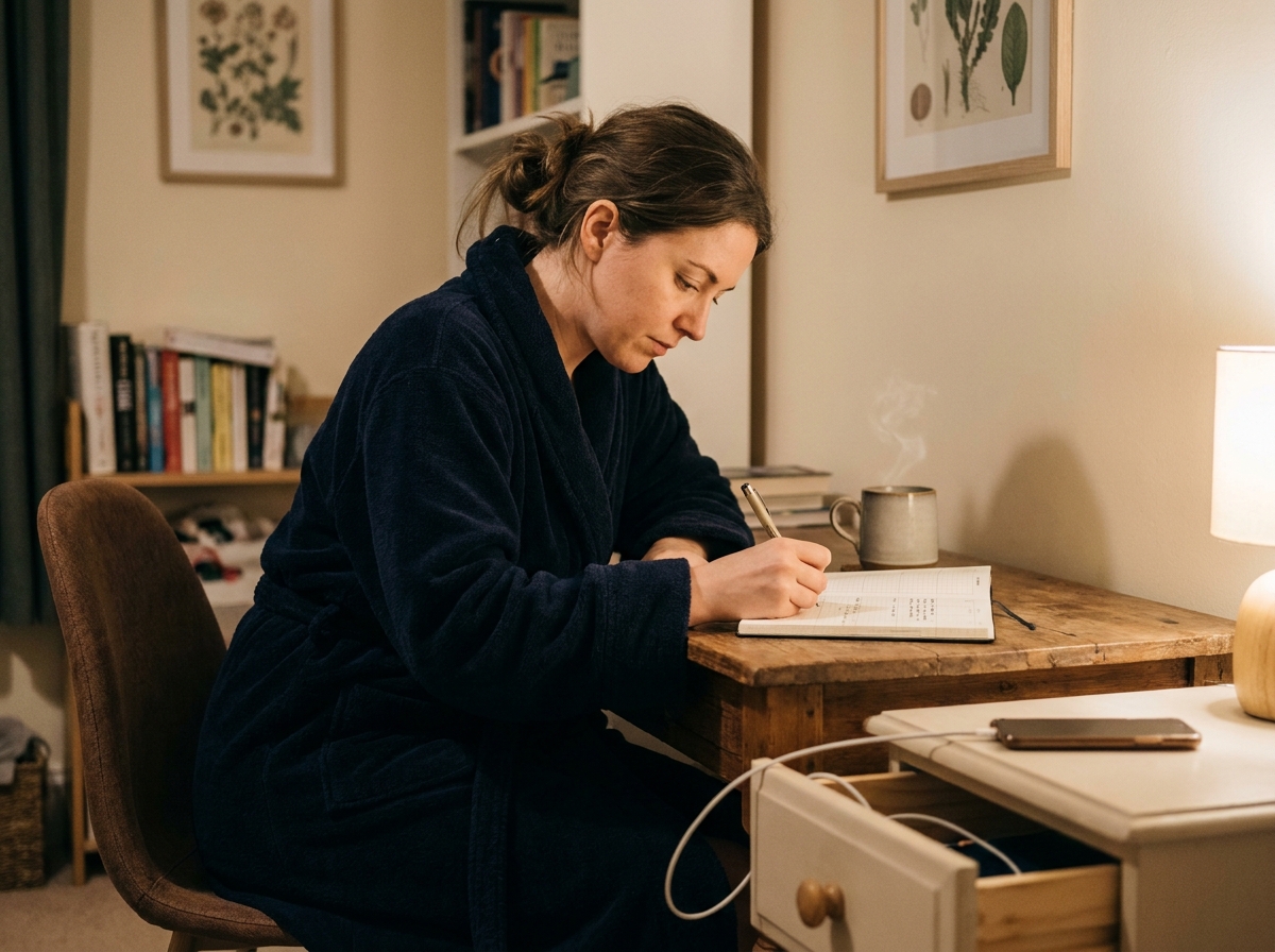 Femme d'une quarantaine d'années écrivant dans un agenda du soir à son bureau, tasse de tisane posée à côté, téléphone rangé pour mieux dormir