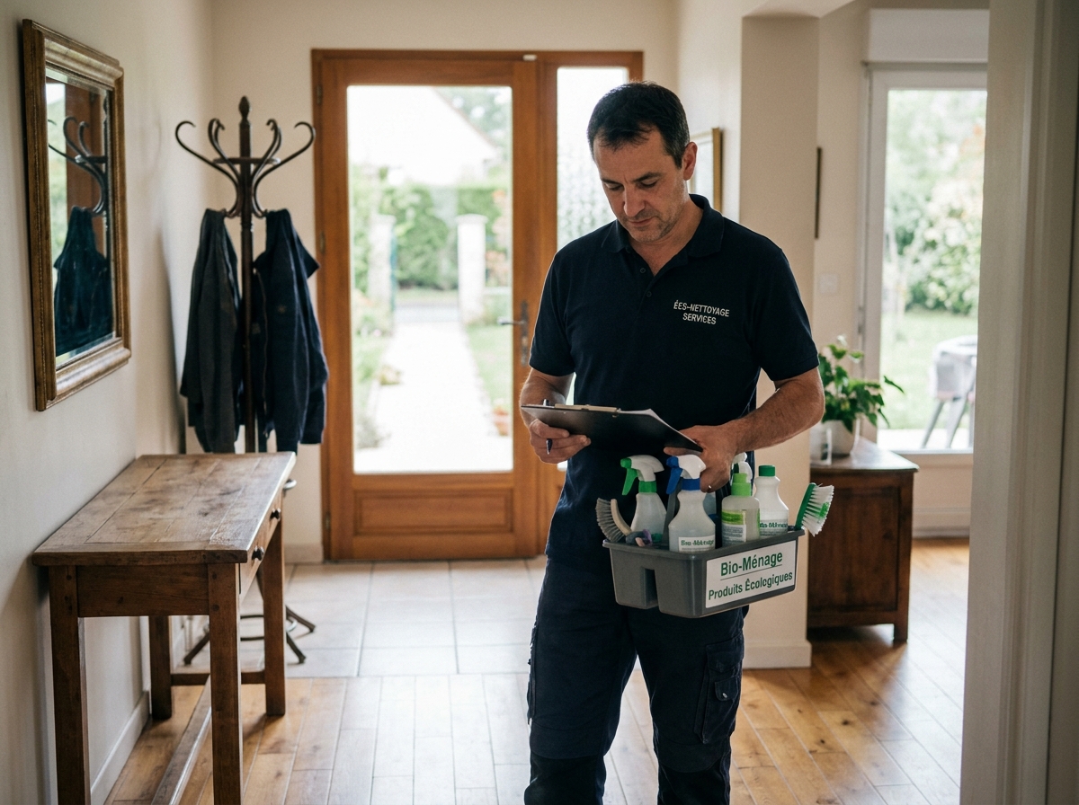 Agent de ménage professionnel Centre Services Brunoy vérifiant sa liste de tâches dans le couloir d'une maison particulière