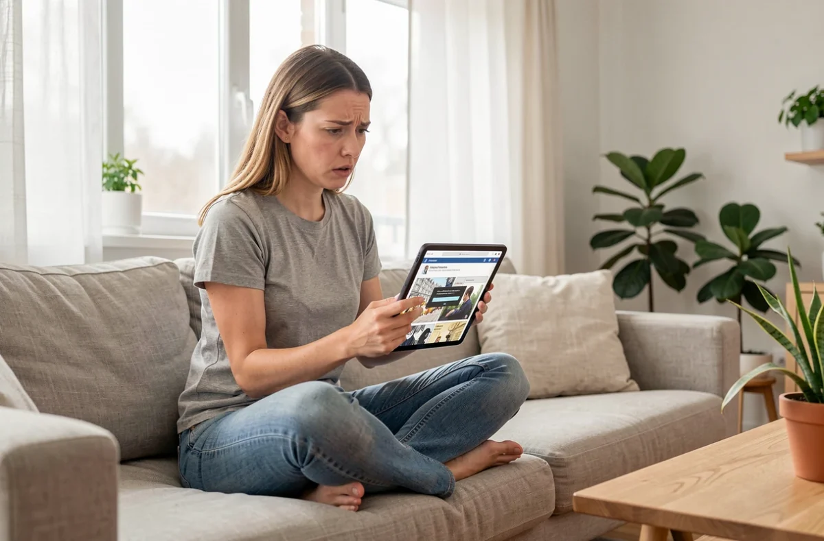 Femme examinant une alerte de sécurité sur une tablette affichant un site de scan manga, représentant les risques de cybersécurité liés aux plateformes de lecture non autorisées