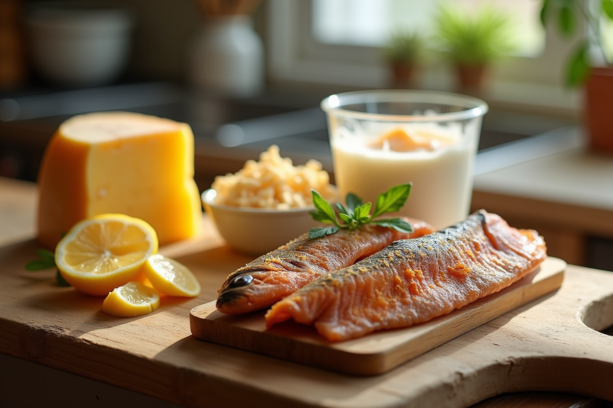 Aliments riches en vitamine D sur planche en bois