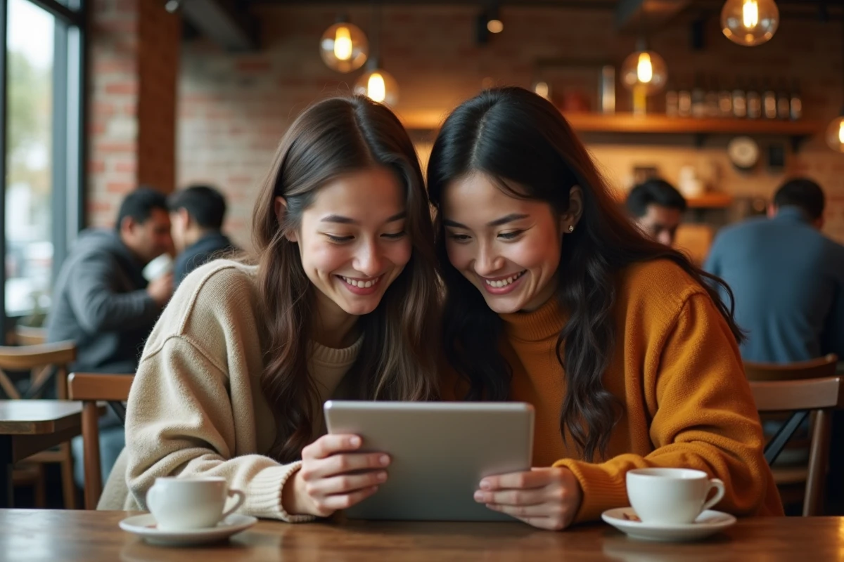 Deux amis consultent ensemble un calendrier de sorties d'épisodes anime sur tablette dans un café urbain