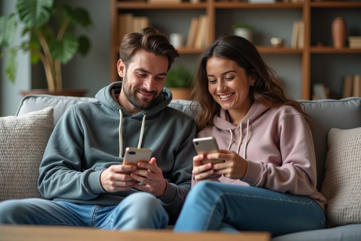 Deux amis jouant à des jeux multijoueurs en ligne sur smartphone dans un salon moderne