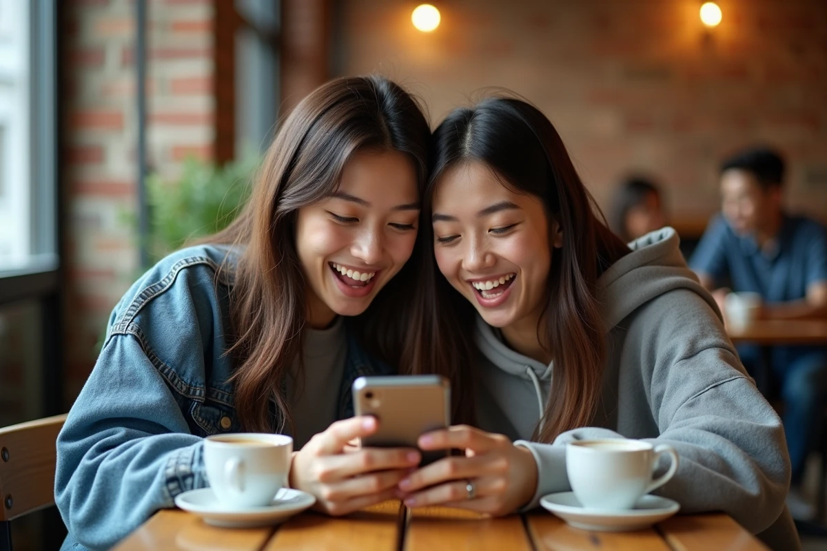 Deux amis lisant ensemble un chapitre scan de One Piece sur un smartphone dans un café ambiance urbaine