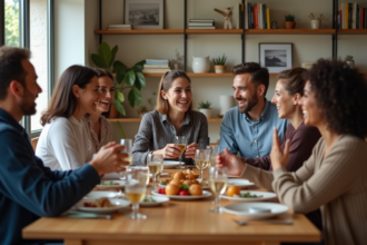 Groupe d'amis souriants autour d'un repas convivial dans un appartement