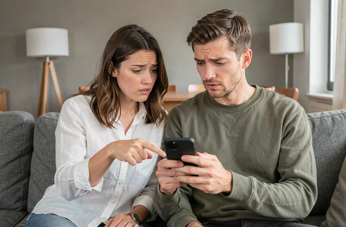 Deux amis consultant un smartphone pour retrouver un profil Instagram devenu indisponible suite à un changement de pseudo