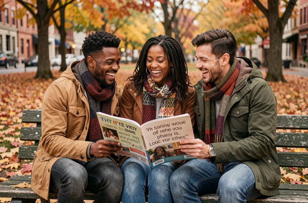 Groupe d'amis riant ensemble en lisant un magazine de citations humoristiques dans un parc en automne