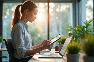 Jeune professionnel analysant des données environnementales sur une tablette