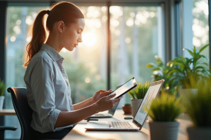 Jeune professionnel analysant des données environnementales sur une tablette
