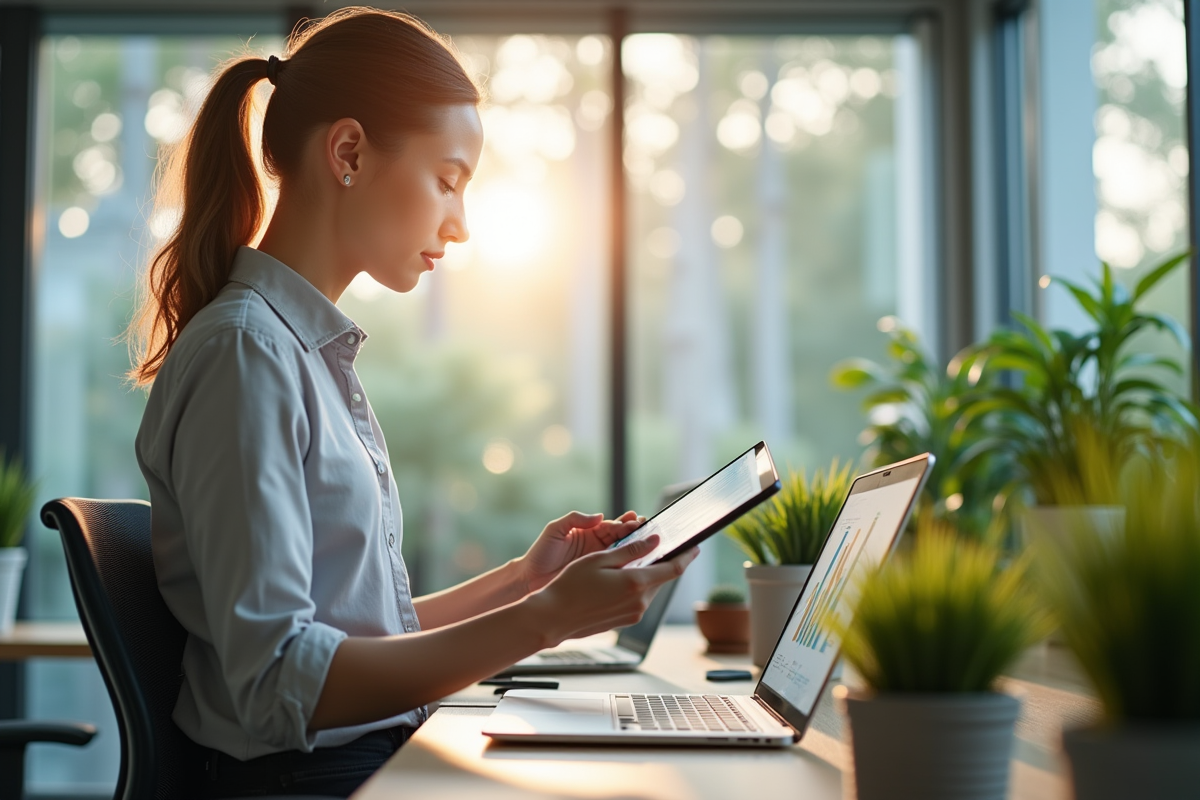 Jeune professionnel analysant des données environnementales sur une tablette