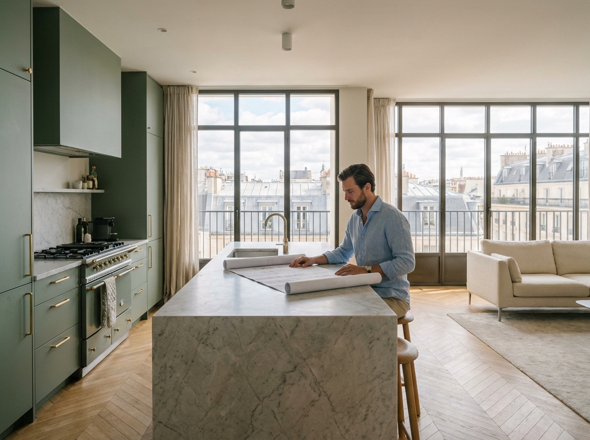 Intérieur d'appartement haut de gamme avec parquet en chevrons et cuisine en marbre dans le 17e arrondissement de Paris