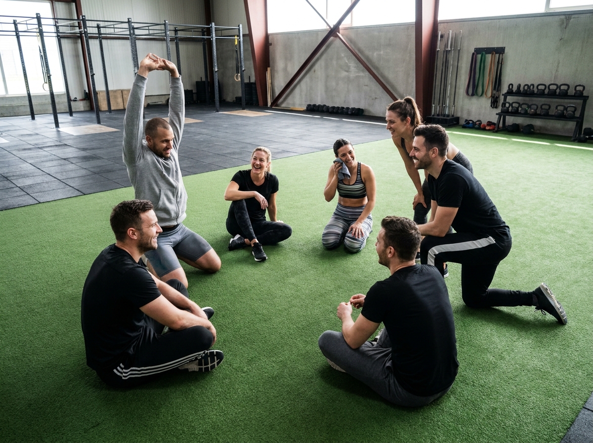 Groupe d'amis adultes qui discutent et s'étirent ensemble après un cours de bootcamp dans une salle de fitness industrielle