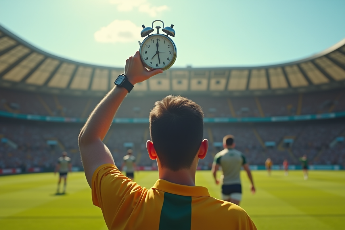 Arbitre rugby levant un chronometre lors d un match en plein air