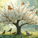 Arbre en fleurs blanches avec oiseaux et papillons en pleine nature