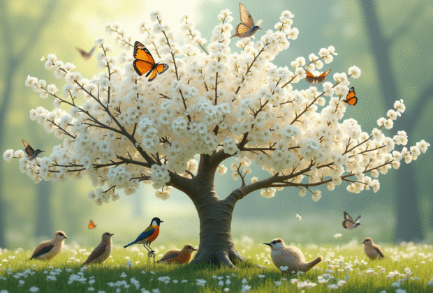 Arbre en fleurs blanches avec oiseaux et papillons en pleine nature