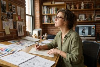 Artiste concept art travaillant sur des esquisses de personnages dans un studio créatif avec corkboard et livres d'art