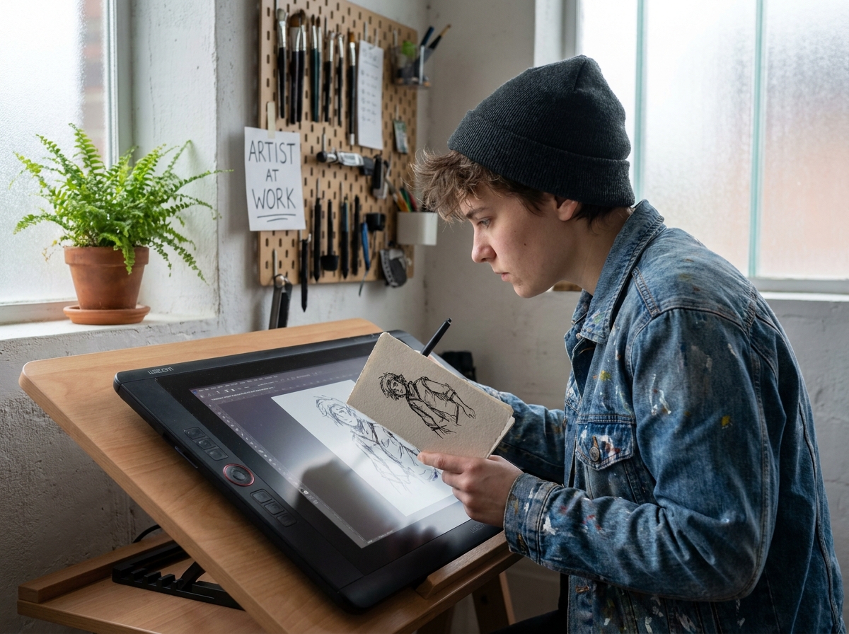 Jeune artiste de concept art comparant une esquisse traditionnelle à une illustration numérique sur tablette graphique dans un studio minimaliste