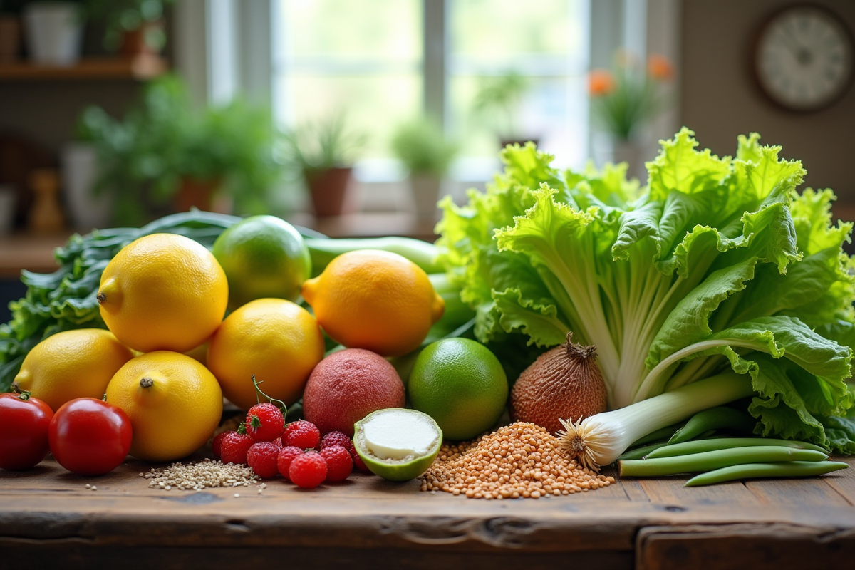 Assortiment de fruits et légumes commençant par L sur une table en bois