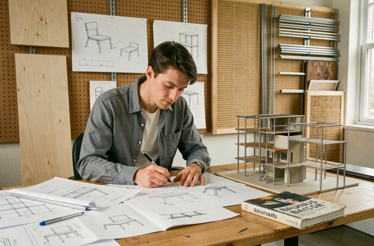 Designer travaillant sur des croquis de mobilier tubulaire inspirés de l'esthétique Bauhaus de Marcel Breuer dans un atelier de conception
