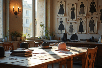 Studio de mode vintage parisien avec croquis et portraits de Chanel