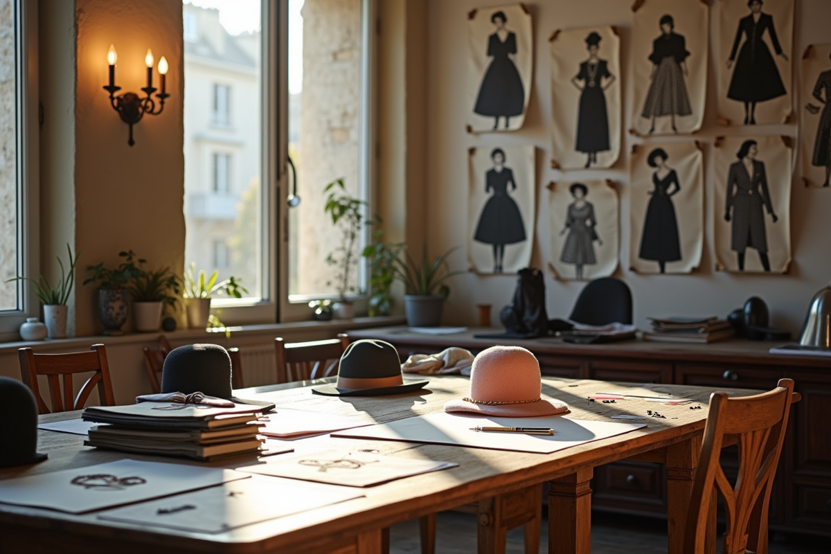 Studio de mode vintage parisien avec croquis et portraits de Chanel