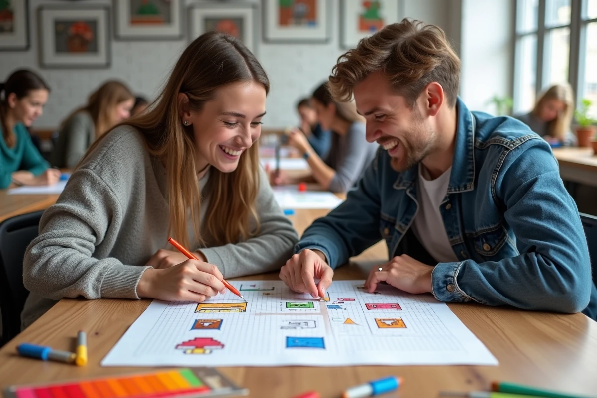Deux jeunes adultes collaborant sur un dessin pixel art de personnages de jeux vidéo rétro dans un atelier d'art convivial