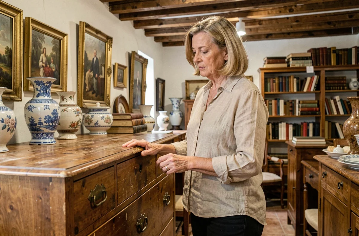 Femme examinant un meuble ancien dans la boutique Authentique Brocante dans le Rhône