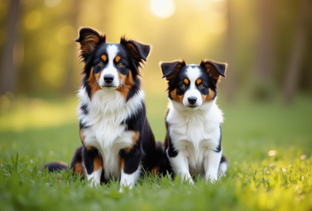 Australian Shepherd et mini Australian Shepherd en extérieur