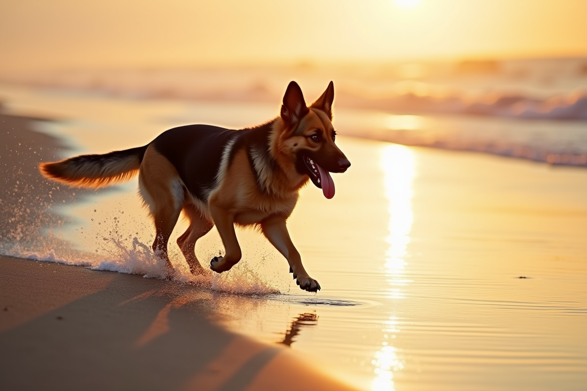 Chien berger allemand courant sur la plage au lever du soleil