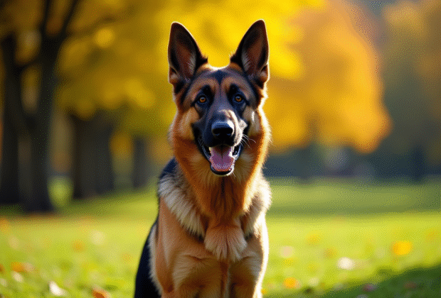 Chien berger allemand assis dans un parc ensoleille