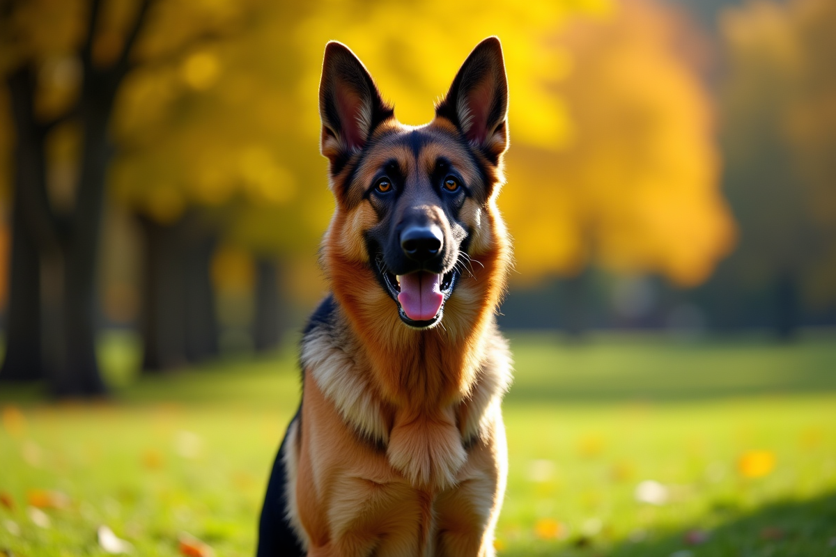 Chien berger allemand assis dans un parc ensoleille