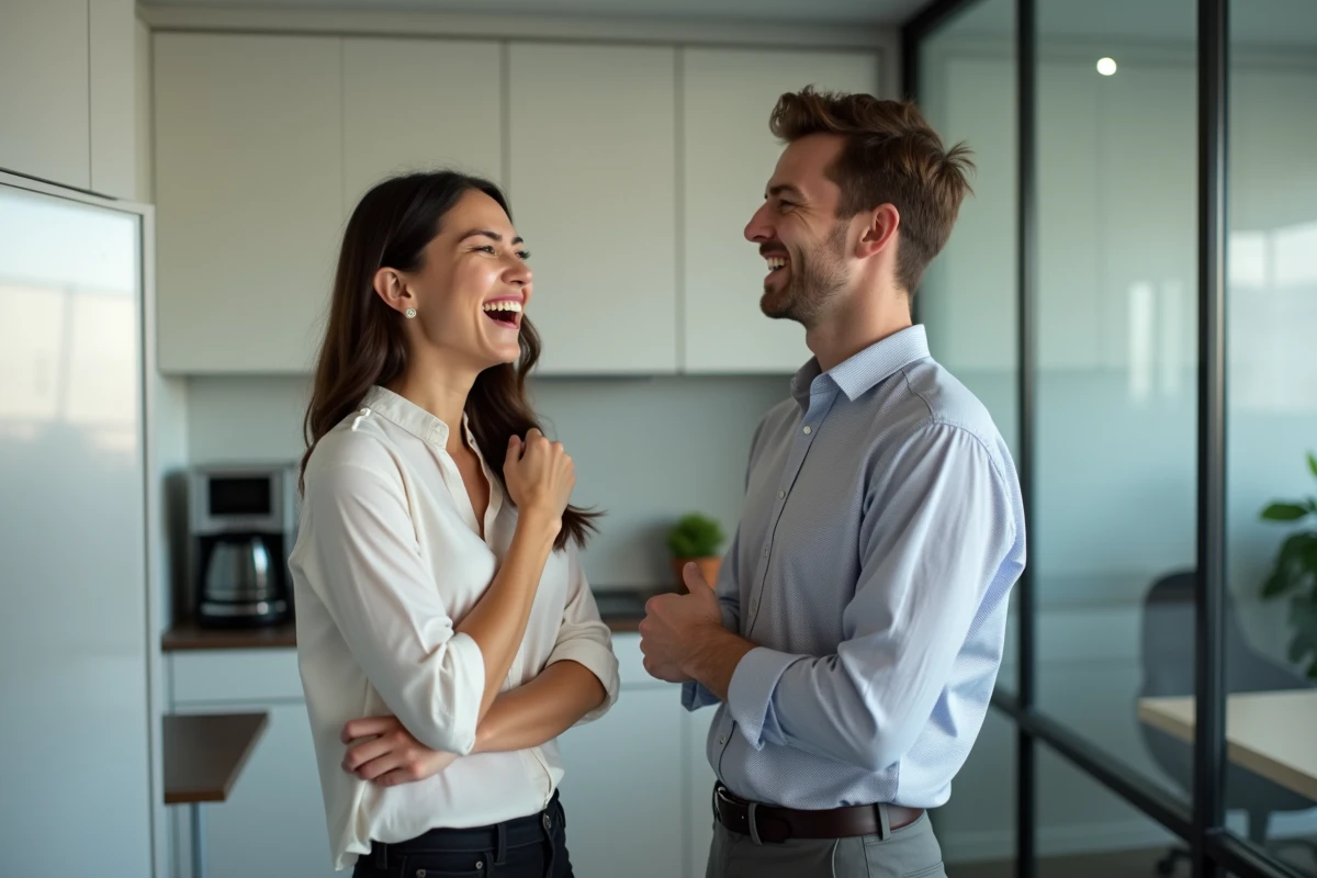 Collègues de bureau dans une salle de pause partagent un moment de malaise et de rire après une blague embarrassante