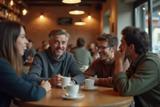 Groupe d'amis autour d'une table de café réagissant avec gêne et fou rire à une blague maladroite