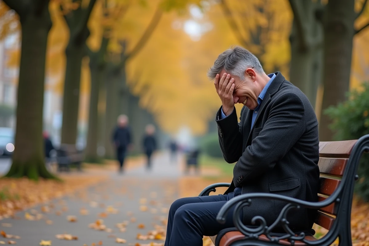 Homme seul sur un banc de parc en automne réalisant qu'il vient de faire une blague gênante, exprimant malaise et sourire malgré lui
