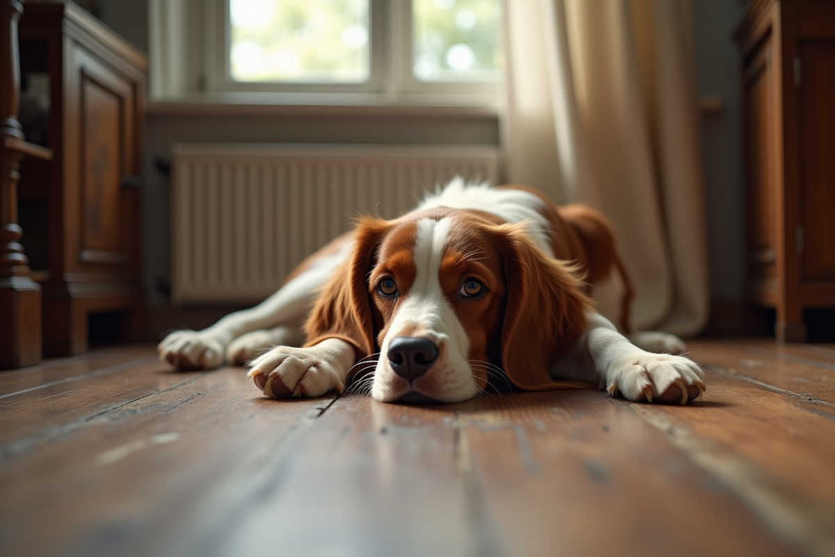 Brittany Spaniel reposant sur un sol en bois vintage