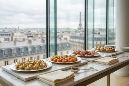 Buffet d'entreprise élégant préparé par un traiteur parisien avec des plateaux de canapés, charcuterie et viennoiseries sur une table en marbre blanc dans un bureau moderne avec vue sur Paris