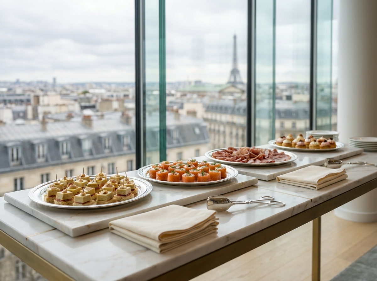 Buffet d'entreprise élégant préparé par un traiteur parisien avec des plateaux de canapés, charcuterie et viennoiseries sur une table en marbre blanc dans un bureau moderne avec vue sur Paris