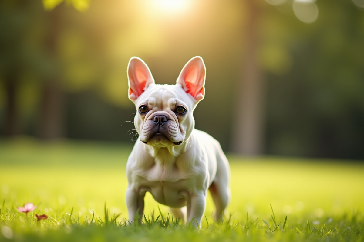 Petit bulldog francais dans un parc ensoleille