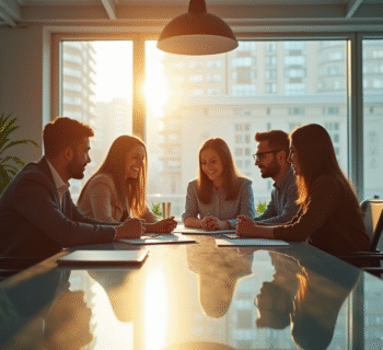 Bureau moderne lumineux avec entrepreneurs collaborant