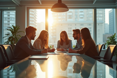 Bureau moderne lumineux avec entrepreneurs collaborant