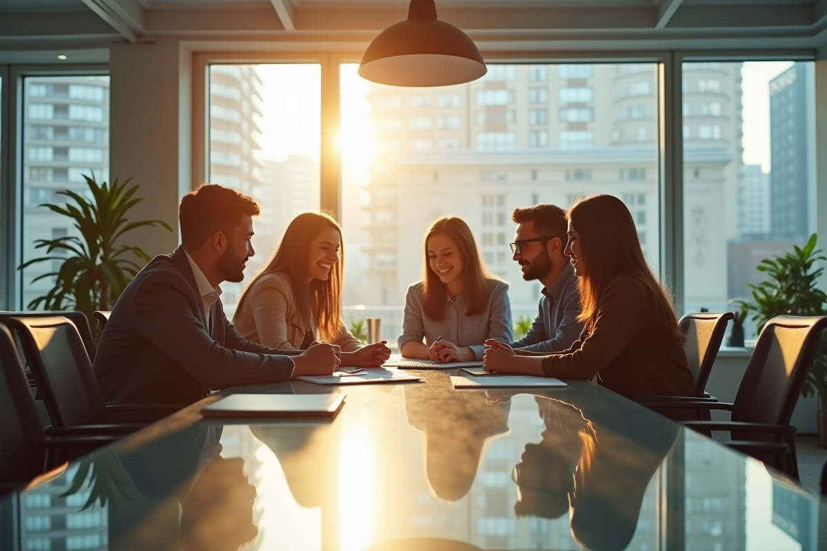 Bureau moderne lumineux avec entrepreneurs collaborant