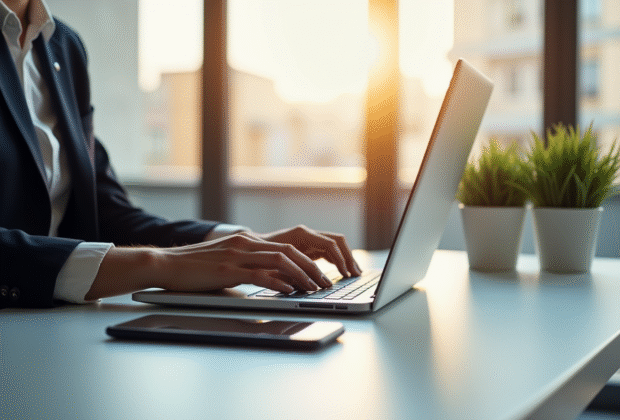 Bureau moderne à Toulouse avec ordinateur portable et smartphone