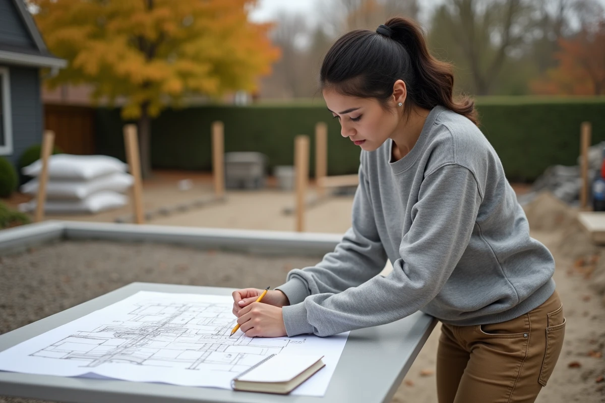 Femme calculant le volume de béton nécessaire pour une terrasse sur des plans de construction posés sur une table extérieure